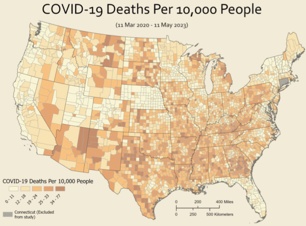 A U.S. map shaded by county, illustrating COVID-19 deaths per 10,000 people. Darker colors represent higher death rates, lighter colors represent lower rates.