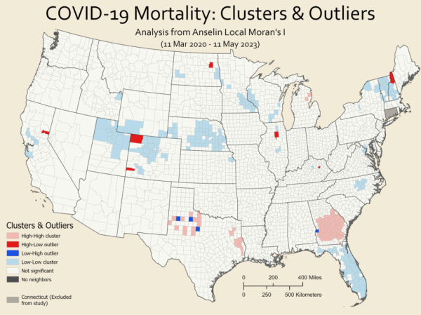 high-high clusters (pink), high-low outliers (red), low-high outliers (dark blue), and low-low clusters (light blue), showing spatial patterns of COVID-19 mortality rates.