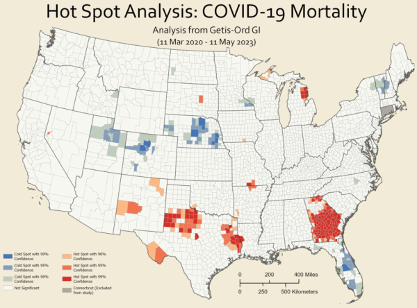 A U.S. map with red and blue shaded areas indicating hot and cold spots of COVID-19 mortality rates. Darker red areas represent statistically significant hot spots (higher mortality), and darker blue areas represent cold spots (lower mortality).