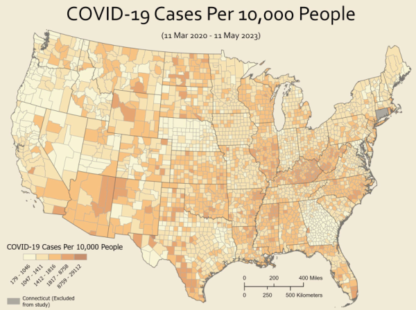 A U.S. map shaded by county, showing COVID-19 infections per 10,000 people. Darker colors indicate higher infection rates, lighter colors indicate lower rates.