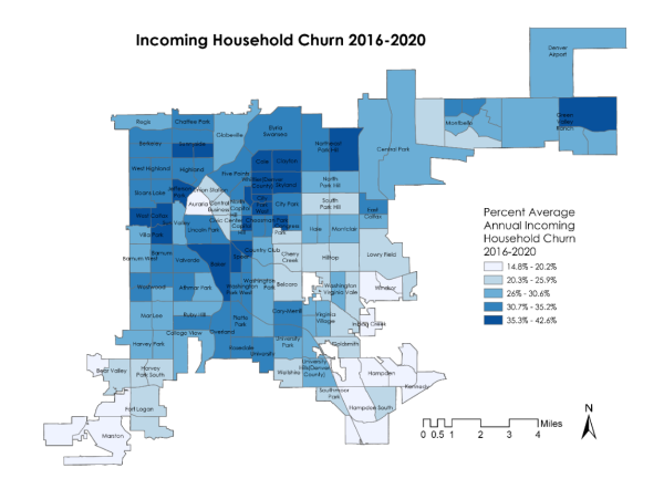 A choropleth map that visualizes the spatial distribution of incoming household churn.