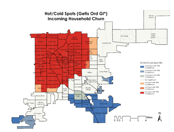 A choropleth map that shows statistically significant hot spots of incoming household churn across Denver.