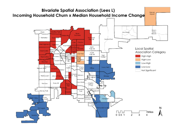 A choropleth map of the bivariate spatial association (Lee’s L) of incoming household churn and median household income change.