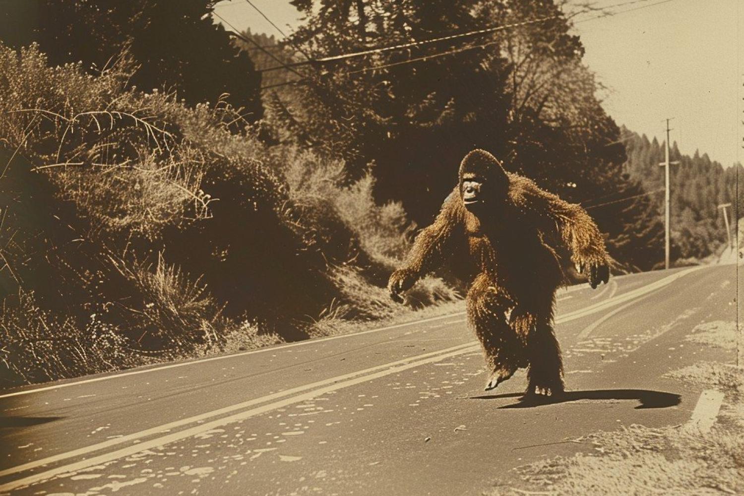 vintage photo of bigfoot crossing the road