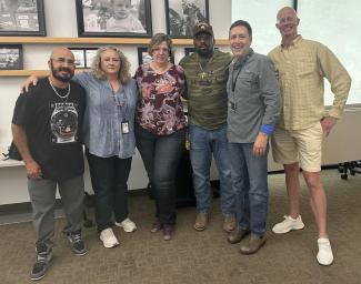 C-CHEP members Manuel Sisneros (from Breakthrough), Leigh Burrows (CDOC), JoyBelle Phelan (Unbound Authors), John Burrell (Veterans Justice League), SJH (UCD PEP), and Sean Mueller (UCD PEP)