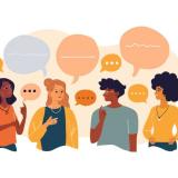 illustration of four people talking with chat bubbles over their head