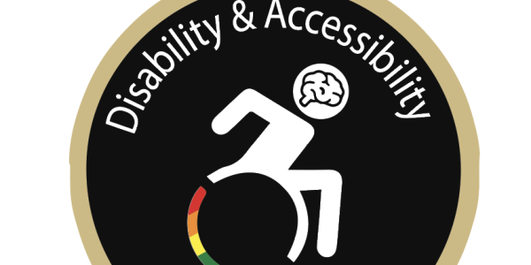 The Disability & Accessibility Operations Committee Logo featuring a figure who is utilizing a rainbow colored wheelchair