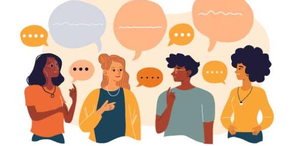 illustration of four people talking with chat bubbles over their head