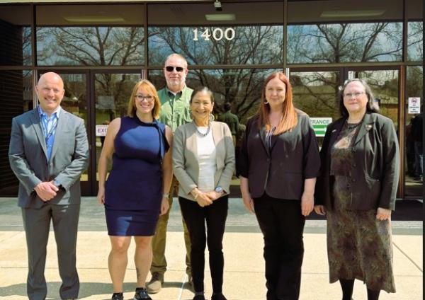 Photo of NGTOC Associate of Operations Josh Nimetz, Director Kim Mantey, Shared Services Manager Kevin Wood, Secretary Deb Haaland, Deputy Director Hannah  Boggs, Associate of Innovations Phyllis Altheide 