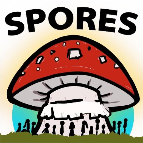 a large mushroom with the word "Spores" over top of it.