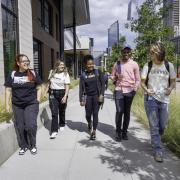 CU Denver students walking on campus.