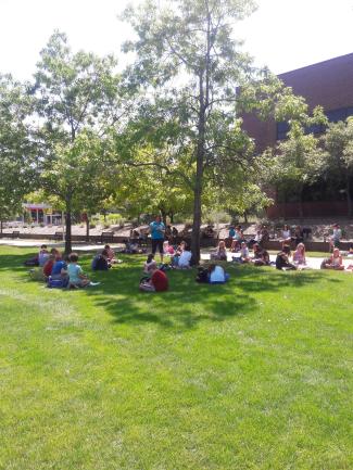 Auararia campers sitting on the grass