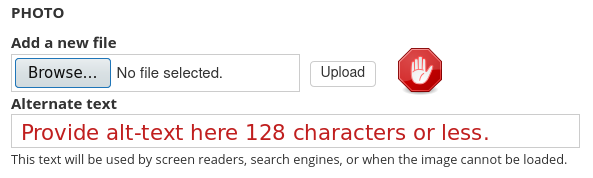 Web express interface for adding alt text with note in red about 128 character limitation.