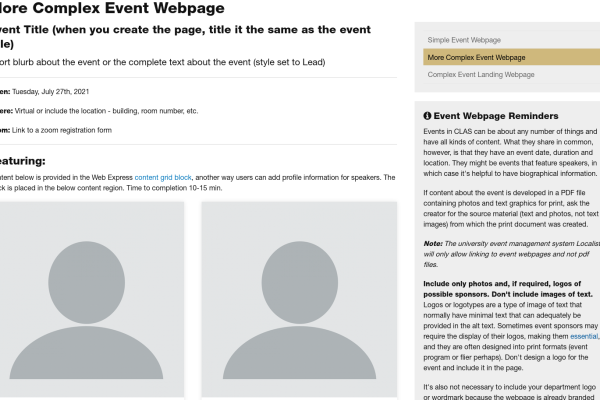 example of a more complex event webpage