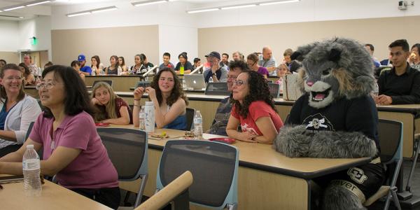 Students in class with Lynx mascot