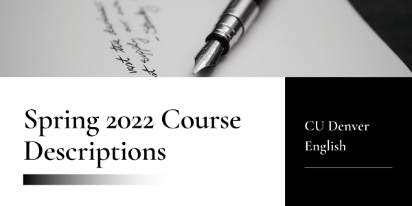 Black and white image of pen and paper. Text: Spring 2022 Course Descriptions.