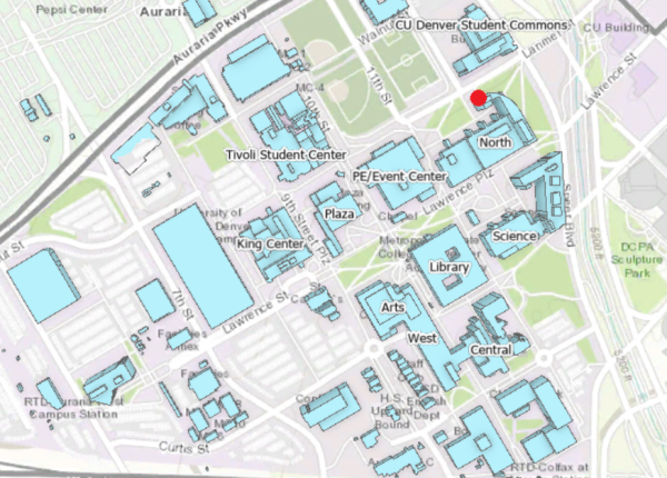 Map of Auraria Campus with FAST Lab location identified in North Classroom Building