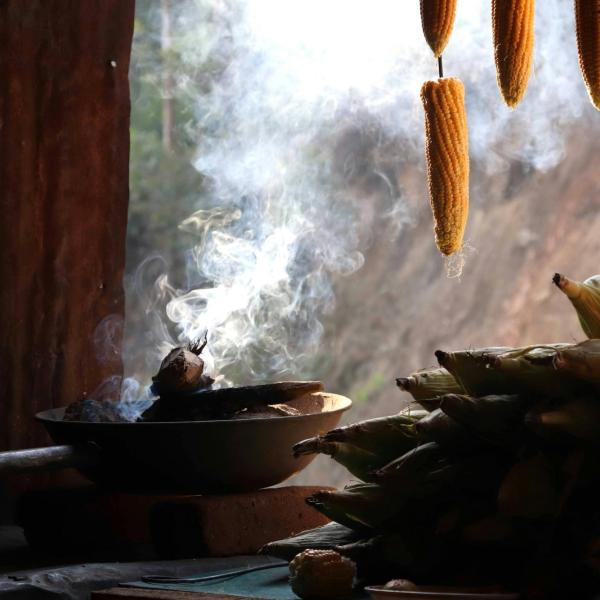 A smoke-filled interior scene where ears of corn hang from the ceiling.