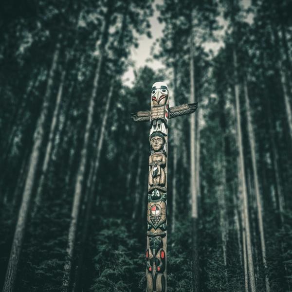 A carved pole, a monumental sculpture carved by the Indigenous peoples of the Pacific Northwest Coast of North America.