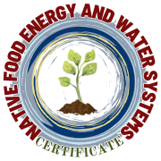 Native FEWS Certificate logo; a sprout surrounded by blue circles that represent wind and water.