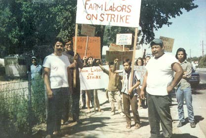 People are participating in a labor strike. Two men share a sign that says "Farm Labors on Strike"