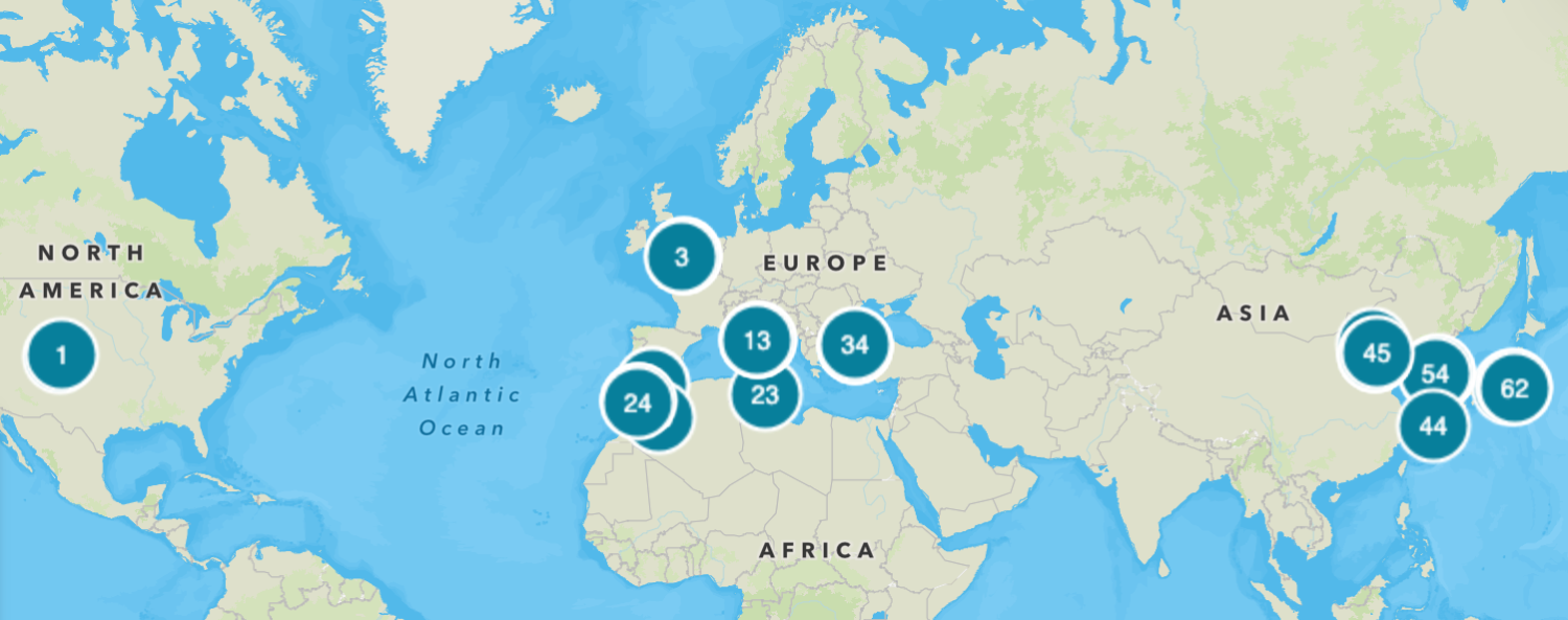 World map with numbered blue circles indicating each location of the trip noted in this study.