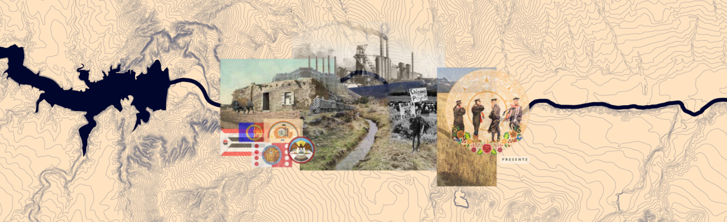 A panoramic view of a stylized map or historical timeline. A dark blue river or lake winds through a light beige-tan landscape, marked with various lines representing topography. Overlayed on the landscape are fragmented images of assorted historical scenes. Sections depict old buildings, industrial structures (including smoke stacks), a pathway, and groups of people, potentially depicting historical events or periods.