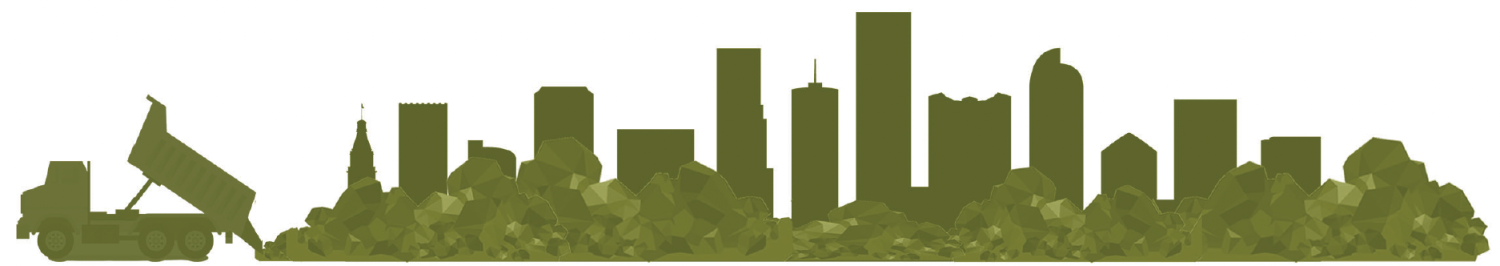 Silhouette of a dump truck unloading rubble in front of a city skyline. The scene conveys urban construction and industrial activity.