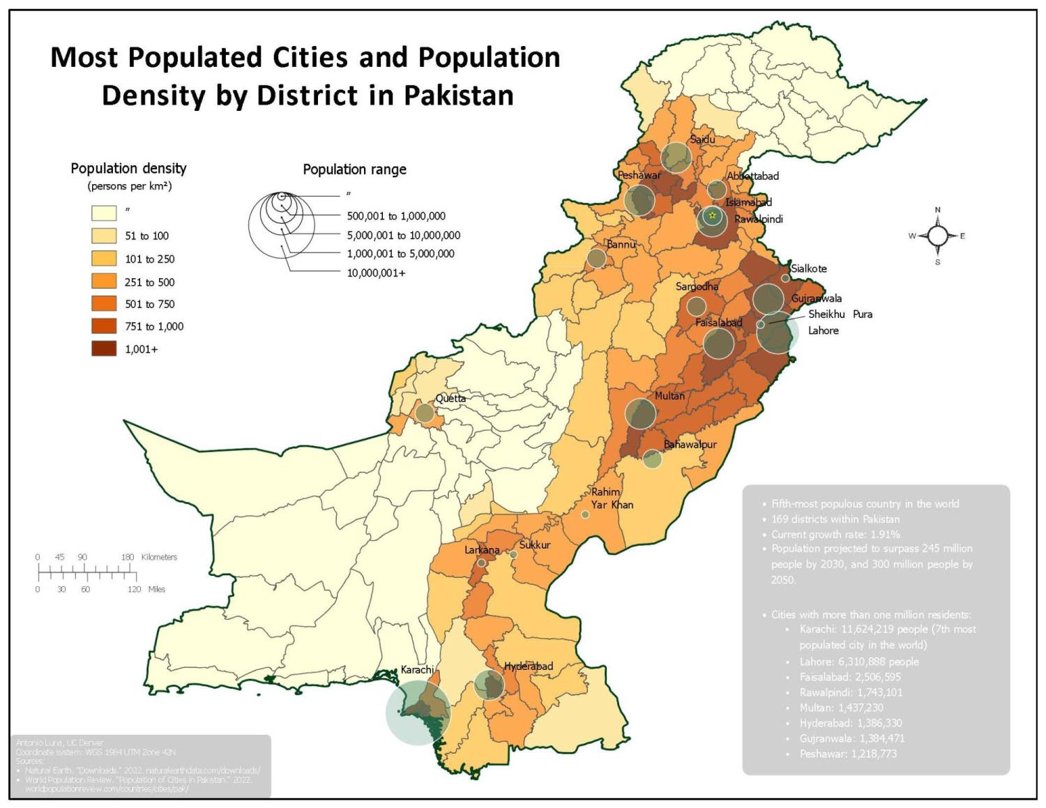 Map titled "Most Populated Cities and Population Density by District in Pakistan," showing population density and most populated cities by district. Darker shades indicate higher density. Cities like Karachi and Lahore are marked with circles indicating population size. A more detailed description of this map is available at the bottom of this page.