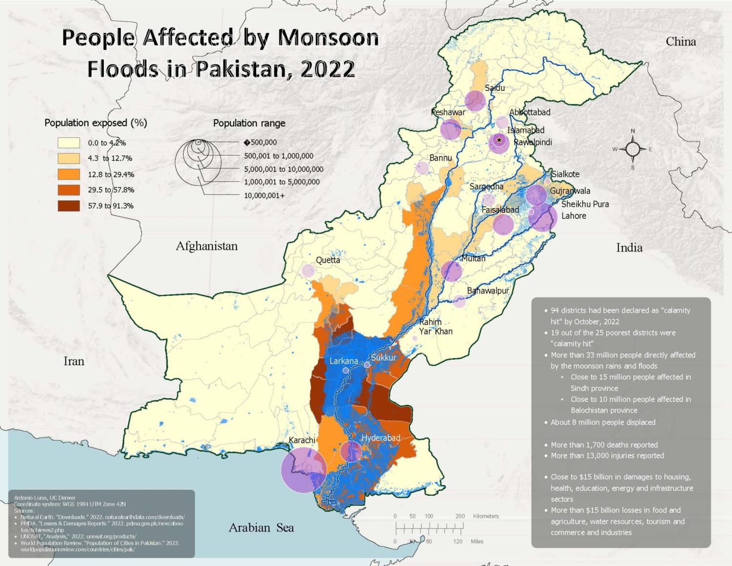 Map titled "People Affected by Monsoon Floods in Pakistan, 2022." It shows varying impact levels across regions using color codes, population data, and major cities. A more detailed description of this map is available at the bottom of this page.