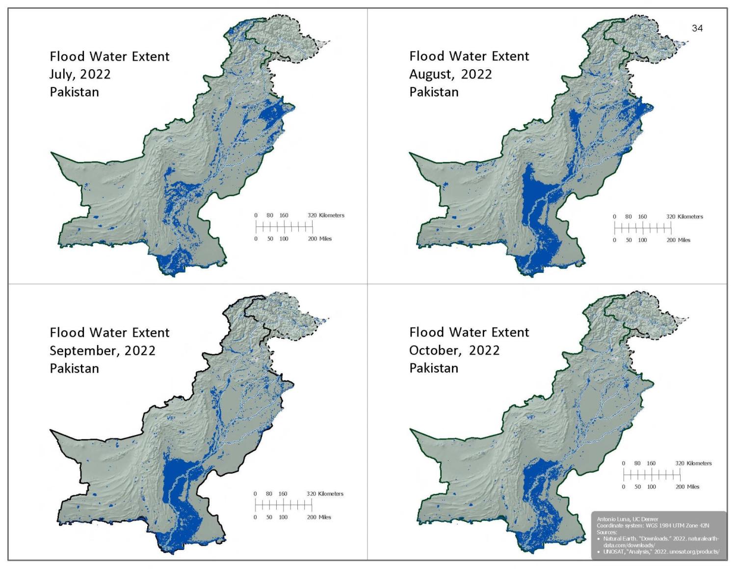 Four maps of Pakistan show flood water extents from July to October 2022. Blue areas on a grey map depict flood coverage, with August having the most flooding.