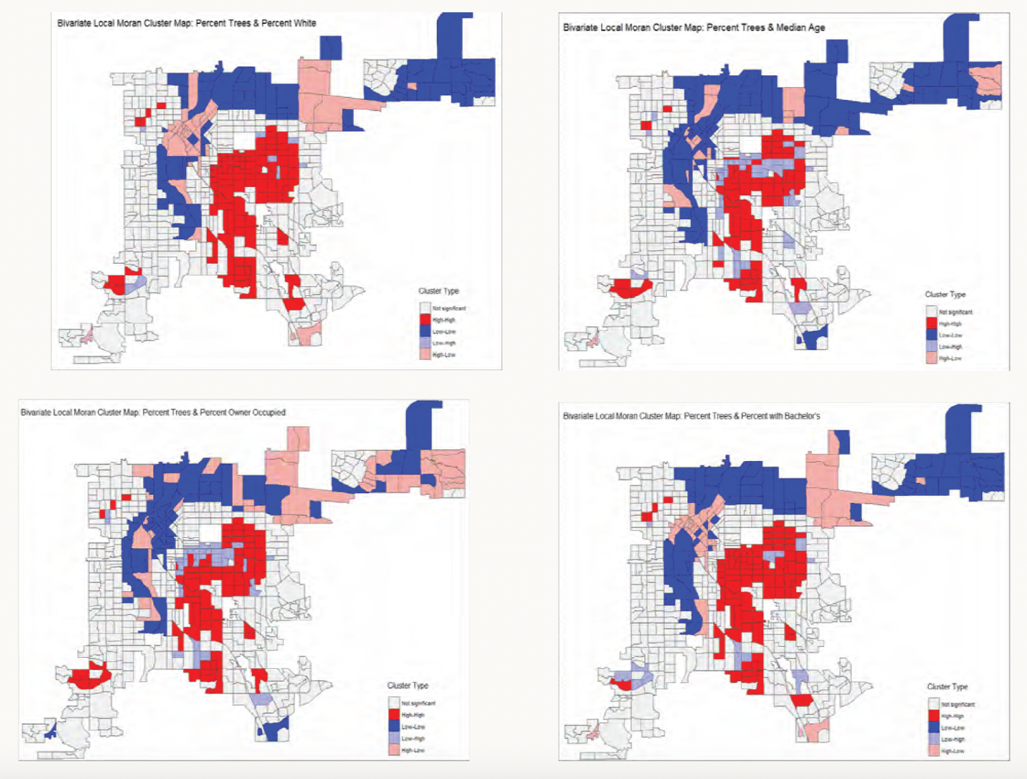 Four bivariate Local Moran cluster maps show spatial distribution in urban areas using red for high-high, blue for low-low clusters, and pink for others. All maps showing similar distributions with high-high in central Denver and low-low in northern Denver. Top left map shows clusters for percent trees & percent white. Top right map shows clusters for percent trees & age. Lower left map shows percent trees & percent owner occupied. Lower right map shows percent trees & percent bachelor's degree. 