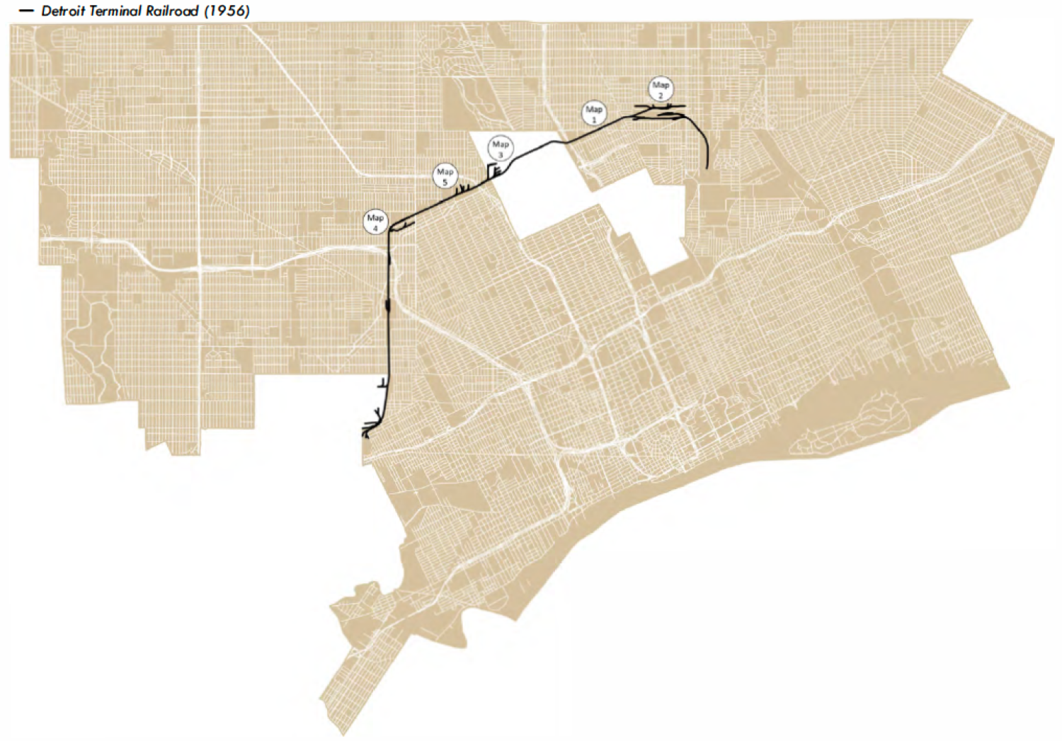 Map of Detroit showing the route of the Detroit Terminal Railroad as of 1956, marked by a bold black line curving through the city. Five labeled points (Map 1 through Map 5) are marked along the railroad’s path.