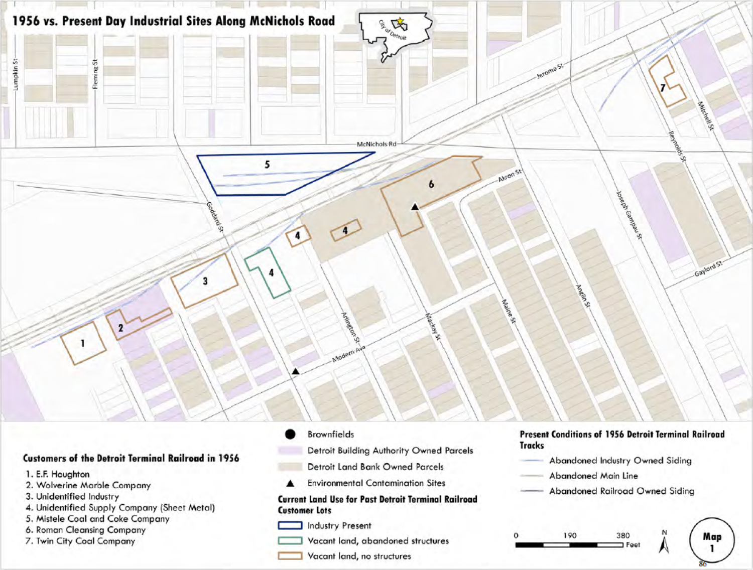 Map comparing 1956 and present-day industrial sites along McNichols Road in Detroit. It highlights seven former customers of the Detroit Terminal Railroad, color-coded and numbered. Present land uses include brownfields, vacant lots, and active industry, with symbols indicating ownership and contamination. Abandoned railroad tracks and sidings are also shown. A legend at the bottom explains symbols and land use categories.