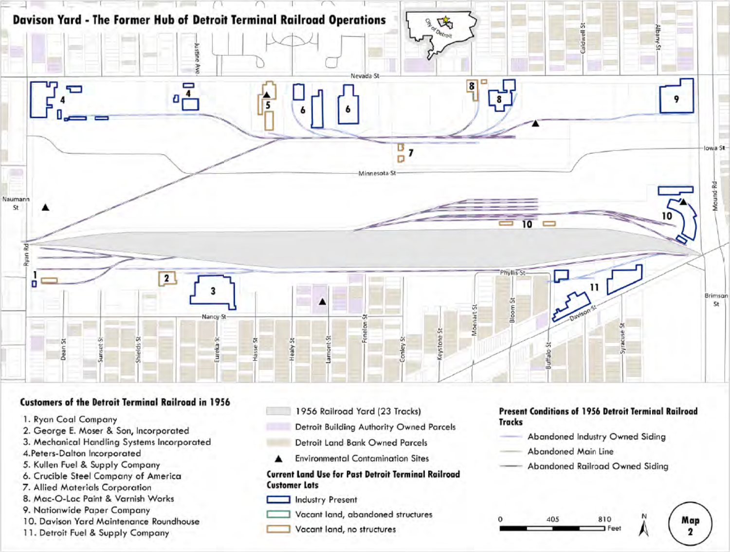 Map of Davison Yard, former hub of Detroit Terminal Railroad (1956), showing 23-track rail yard, customer sites, and street layout. Blue and tan outlines mark past customers, with a legend indicating current land use (industry, vacant, contamination), abandoned tracks, and parcels owned by the Detroit Building Authority and Land Bank.