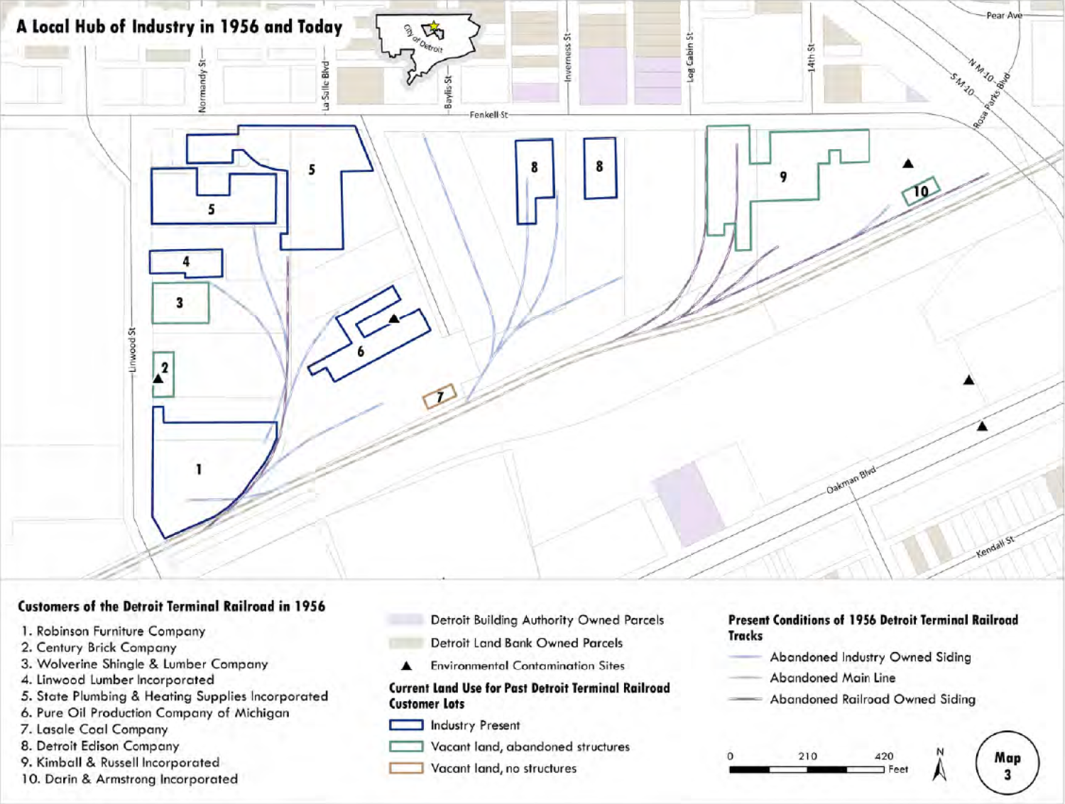 Map showing 1956 Detroit Terminal Railroad customers and current land use. Numbered lots mark former industries; colors show if land is now industrial, vacant with structures, or vacant without. Includes track conditions, contamination sites, and property ownership.