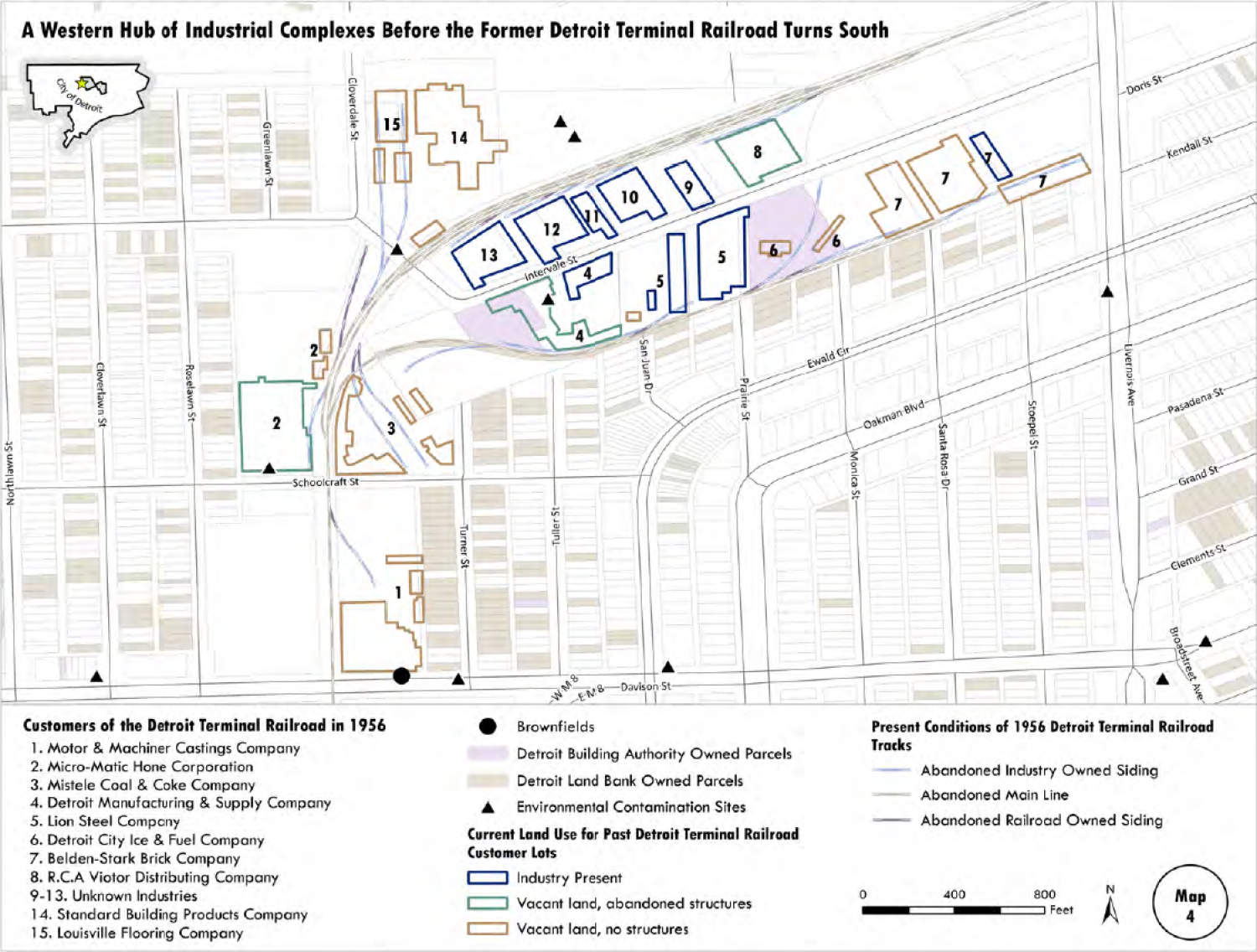 Map titled "A Western Hub of Industrial Complexes Before the Former Detroit Terminal Railroad Turns South," showing 1956 railroad customers and current land use. Numbered lots indicate former industries; colors show if land is now industrial, vacant with structures, or vacant without. Includes railroad track conditions, environmental contamination sites, and property ownership. Major streets like Schoolcraft, Davison, and Linwood are labeled.