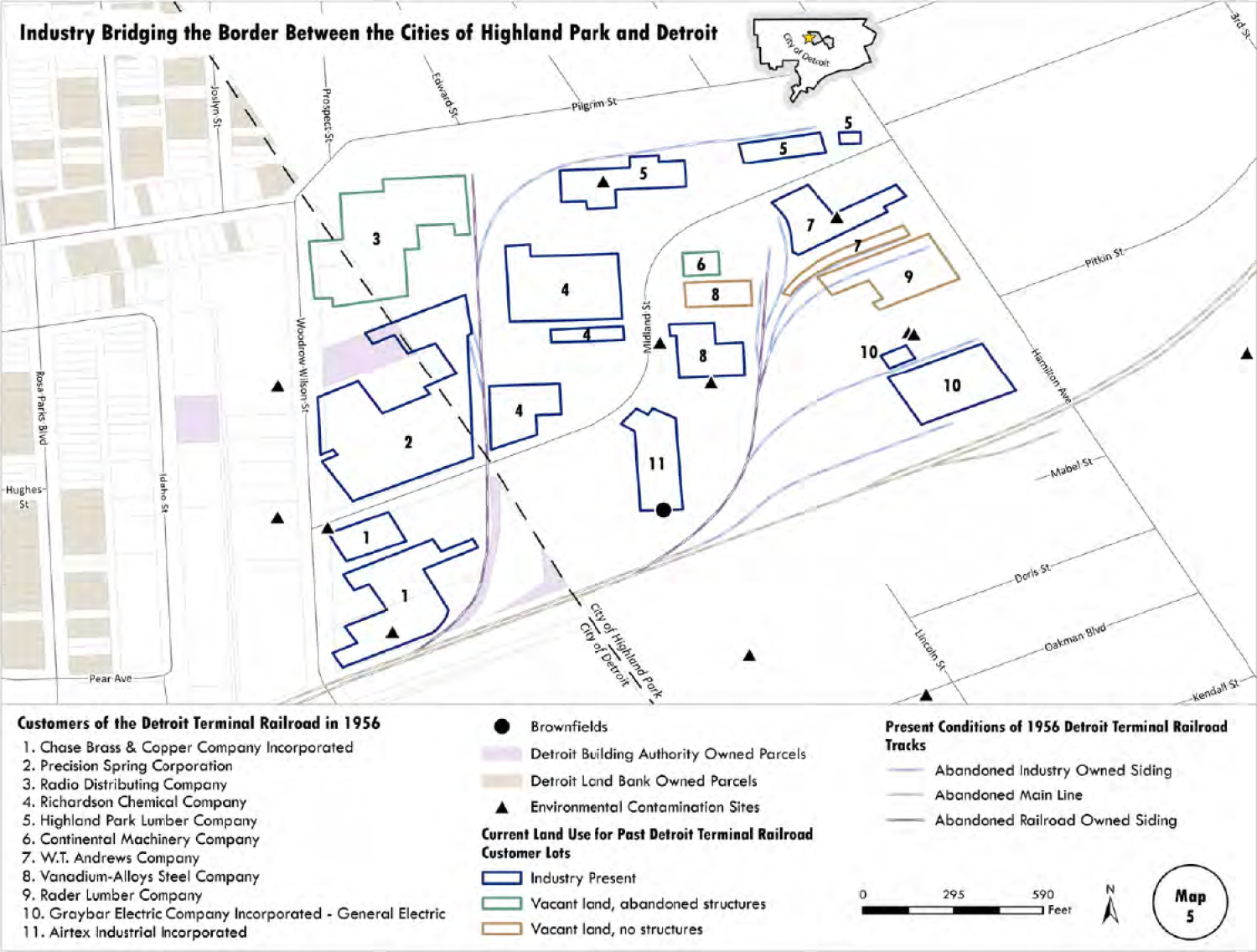 Map showing former industrial sites along the Detroit Terminal Railroad between Highland Park and Detroit in 1956. It includes numbered buildings, labels for former customers, railroad track conditions, and current land uses such as brownfields, vacant lots, and environmental contamination sites.