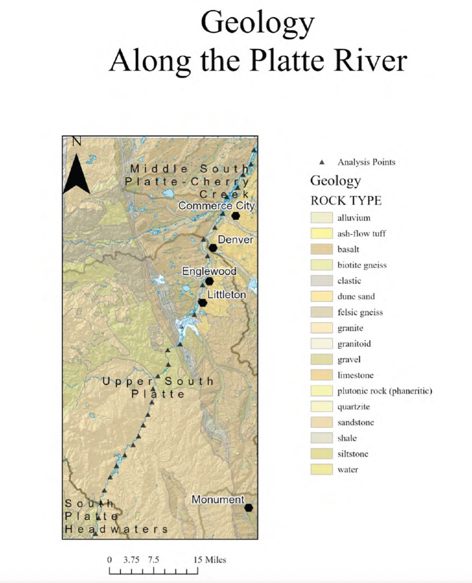 Map of Platte River geology, showing rock types like alluvium, basalt, and granite. Analysis points marked from Monument to Commerce City. North arrow included.