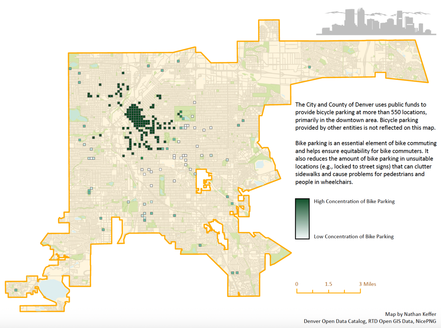 Map of Denver showing bike parking concentrations. The city uses public funds to provide bike parking at more than 550 location, primarily in downtown. Bike parking provided by other entities is not reflected on this map. Bike parking is an essential element of bike commuting and helps ensure equitability for bike commuters. It reduces the amount of bike parking in unsuitable locations that can clutter sidewalks and cause problems for pedestrians and people in wheelchairs.