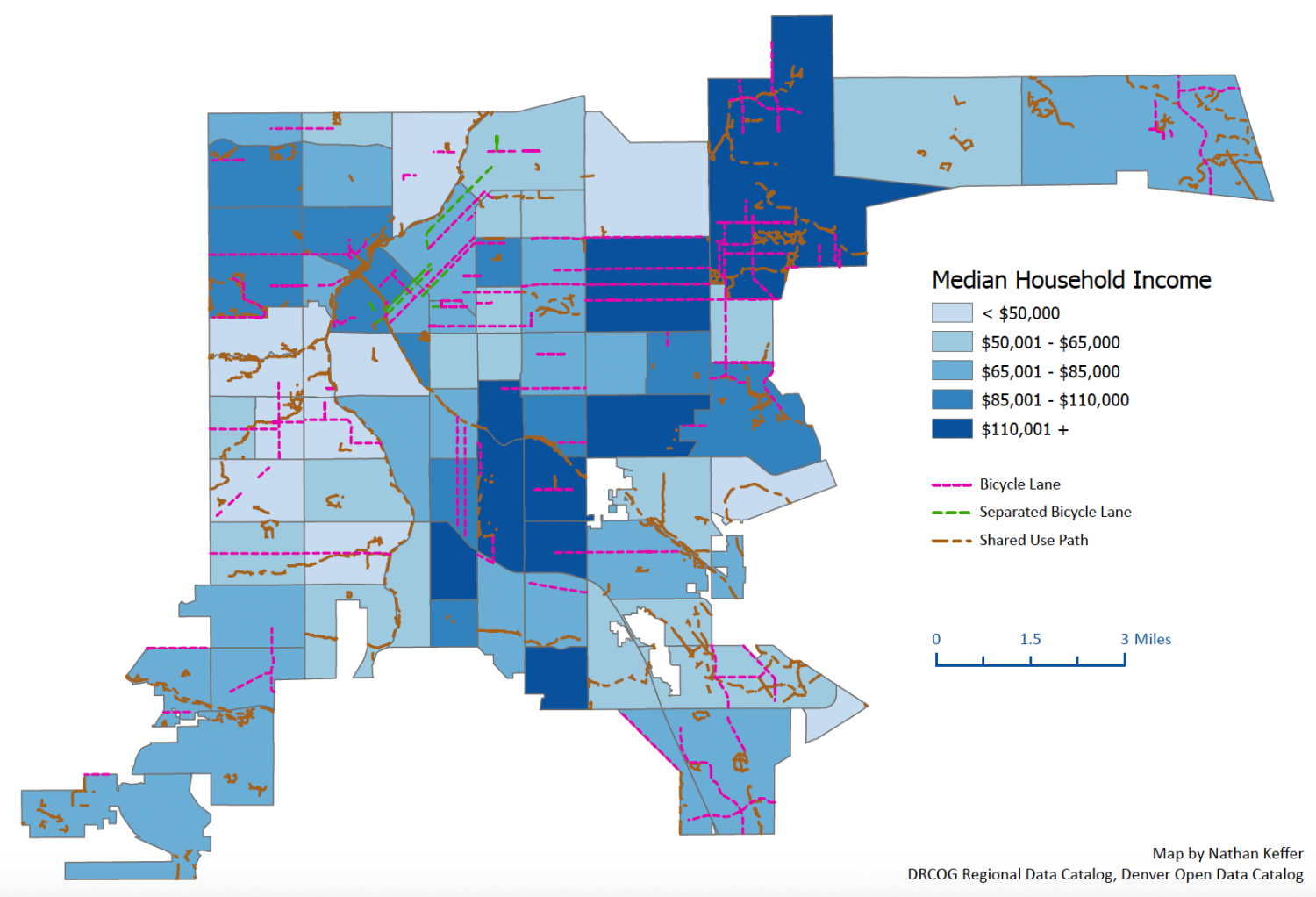 Map showing median household income with shades of blue indicating income ranges from under $50,000 to over 10,000. Pink, green, and brown lines represent bicycle lanes, separated bicycle lanes, and shared use paths, respectively. Scale bar at bottom.