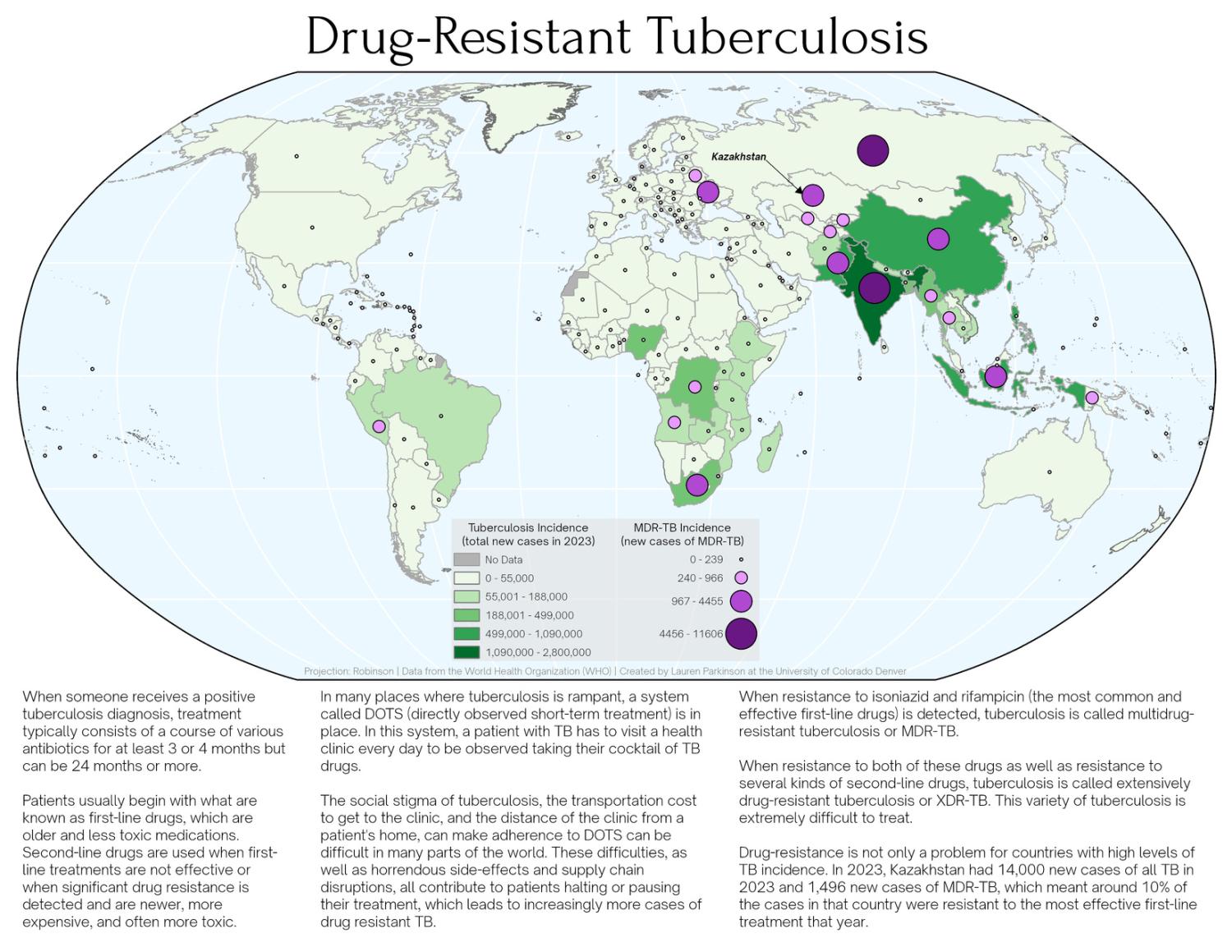 World map showing drug-resistant tuberculosis in 2023. Country shading (light to dark green) indicates total TB incidence; purple proportional circles show MDR-TB cases. India, China, and Russia have the largest circles. Data from WHO.