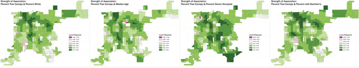 Four color-coded maps depict areas with varying shades of green and pink. Each map shows the percent coverage association with factors like race, age, occupancy, and education.