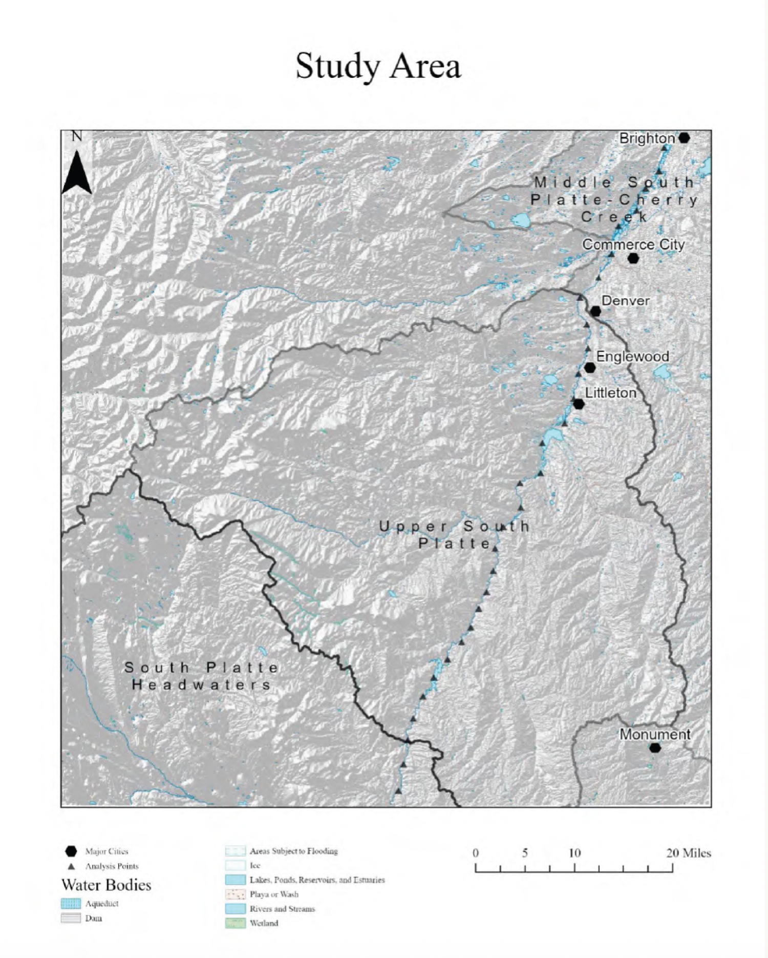 Map titled "Study Area" displaying the South Platte region in Colorado. Highlights cities like Denver and Littleton, rivers, and water bodies against a gray topographic background.