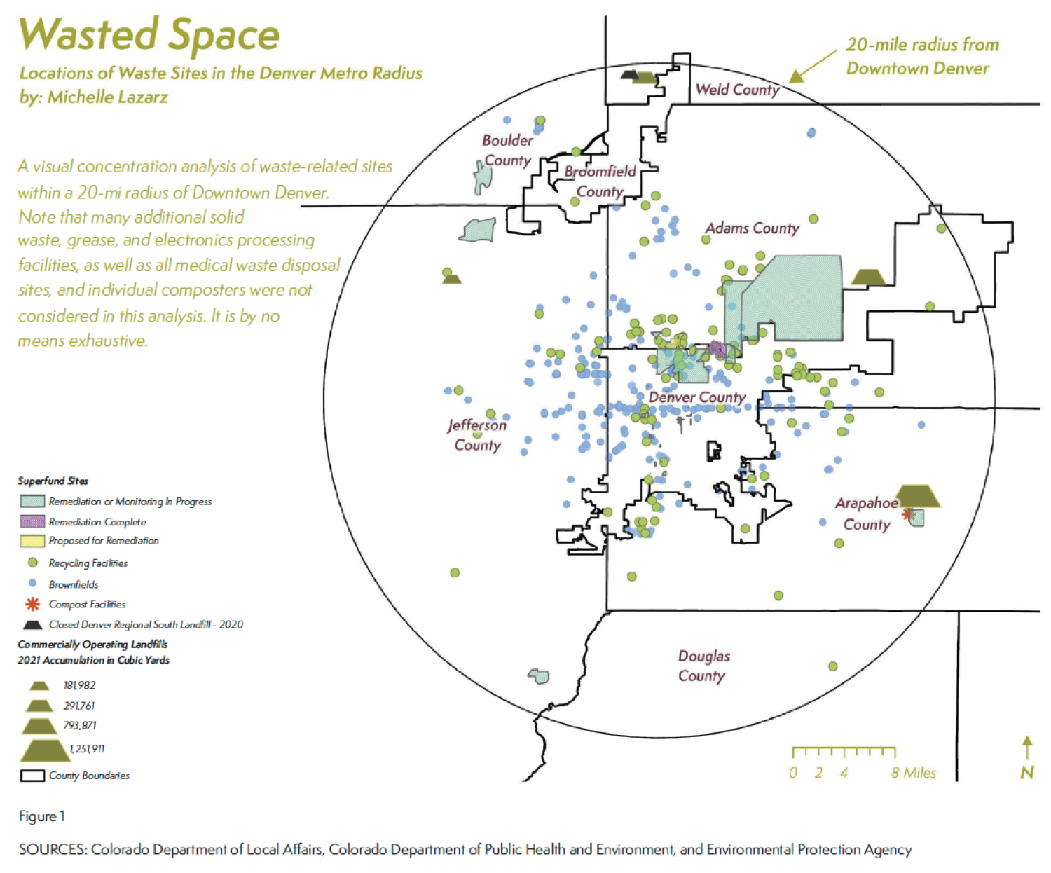 Map titled "Wasted Space" showing waste sites within a 20-mile radius of downtown Denver. Key identifies Superfund sites, landfills, recycling, and compost facilities using color-coded dots and icons. Counties like Denver, Adams, and Jefferson are labeled. The map conveys environmental planning and waste management concerns.