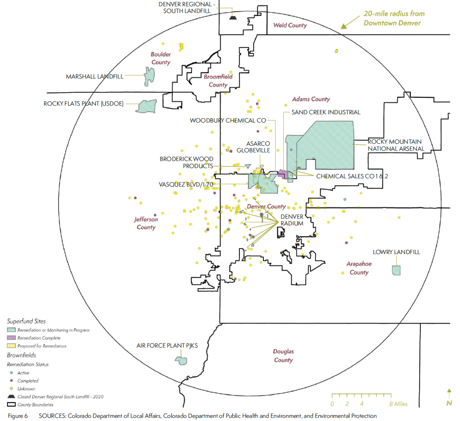 Map of waste sites within 20 miles of Downtown Denver, showing landfills, Superfund sites, and brownfields. Labeled sites include Rocky Mountain Arsenal, Lowry Landfill, and Denver Radium. Colored dots indicate remediation status. Most sites cluster near central Denver. County boundaries and names are shown.