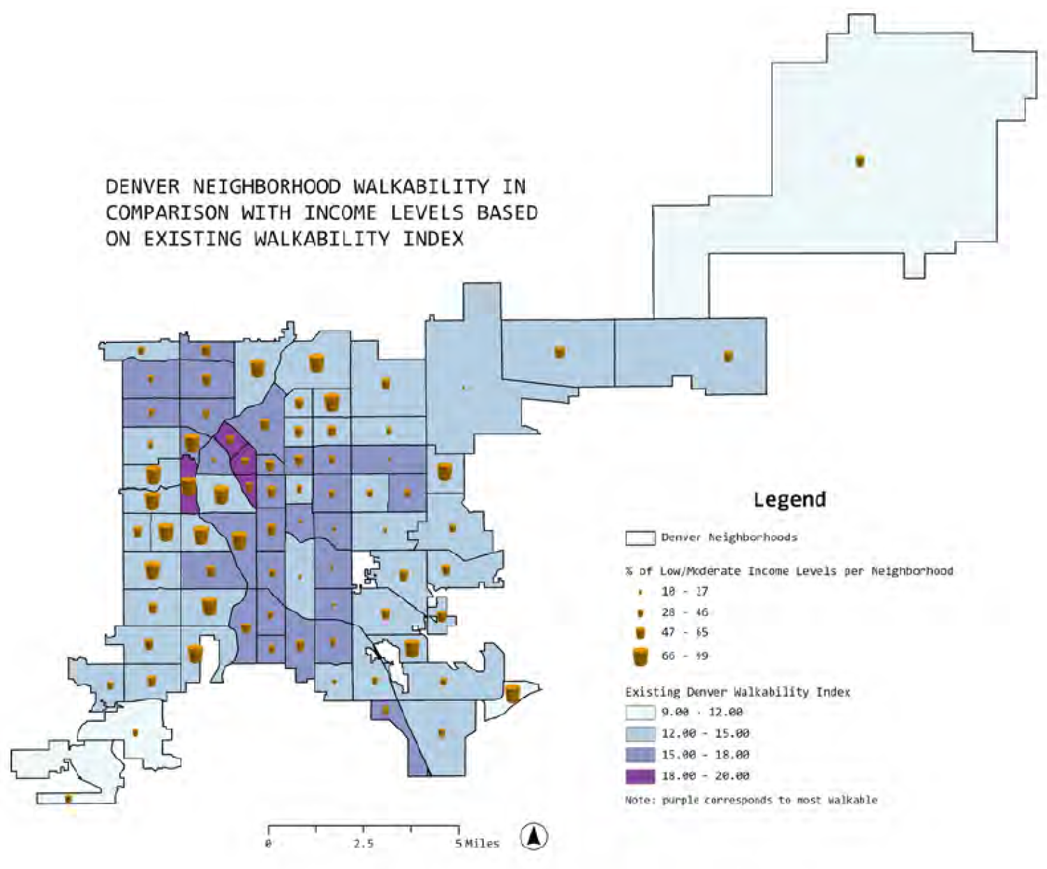 Map of Denver neighborhoods showing walkability index (light blue = least walkable, purple = most walkable) compared with percentage of low-to-moderate income residents marked by brown circles.