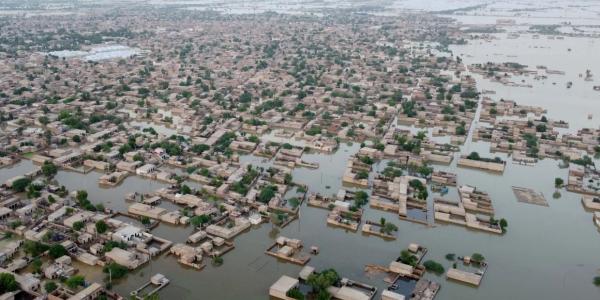 This aerial photograph, taken on September 1, 2022, shows flooded residential areas in the town of Dera Allah Yar town in Jaffarabad district, Balochistan province.