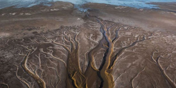 Aerial view of river channels and tributaries branching through a dry, barren landscape, leading towards a distant body of water.