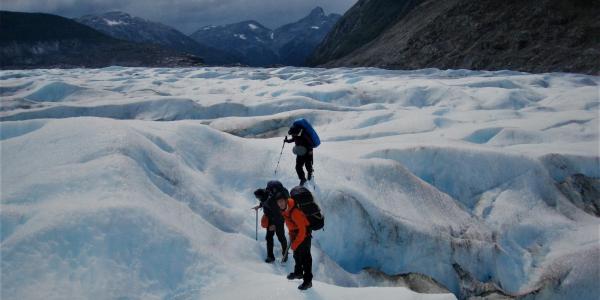 Students traversing glaciers in Patagonia, Chile